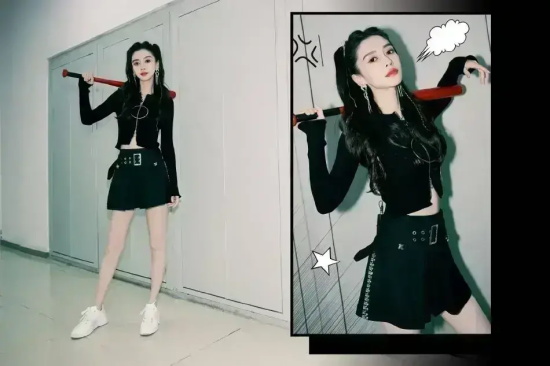 杨颖穿着黑色衣裤的超酷写真，大秀A4腰