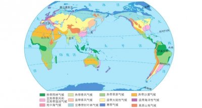 ​世界气候类型图（三个主要影响气候因素形成12种基本类型）