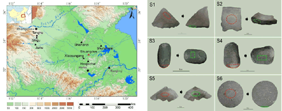 图1.双墩遗址地理位置及遗址出土不同类型石质加工工具
