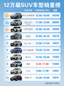 12万左右的SUV车排行榜：前十名品牌和车型有哪些