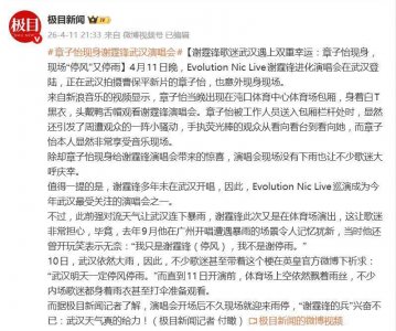 章子怡现身谢霆锋武汉演唱会，身着白T黑衣，头戴鸭舌帽，非常享受音乐现场